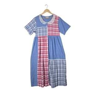 Vintage Patchwork Prairie Midi Dress Cottagecore Lace Collar Grandmacore Plaid